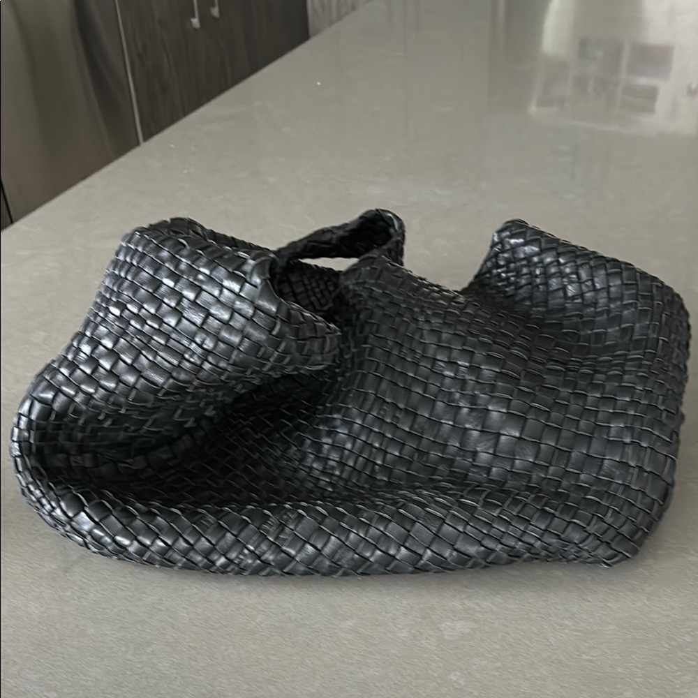 Black Leather Woven Tote Bag